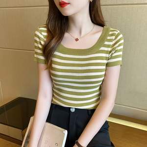 Venta al por mayor de alta calidad Tops para mujer Cuello cuadrado a rayas Ropa de mujer suave Suéter de verano Delgado antiarrugas - Product Image 6