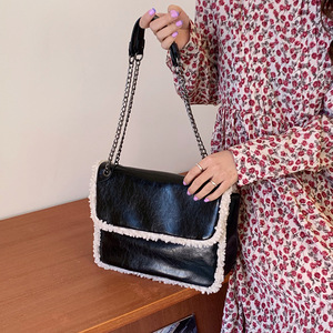 Women's Autumn Winter Lambswool <b>Bag</b> Black Chain Strap Magnetic Buckle Everyday Outfits Shoulder Crossbody <b>Bag</b> - Product Image 3