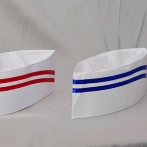 <b>Flat</b> <b>Cap</b> Chef Hat <b>White</b> With Gold And Red Stripes For Kitchen Work Uniform Adult Size - Product Image 3