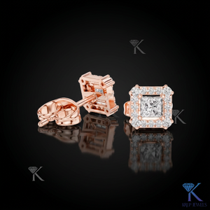 Lab Grown Diamond Princess Cut Halo <b>Stud</b> Earrings 14K 18K Solid Gold Square Fine Women Jewelry Bridal Anniversary Gift - Product Image 2