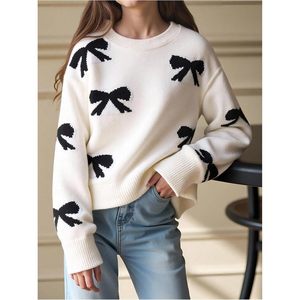 FOXA Girl's <b>Bow</b> Sweater Crew Neck Long Sleeve Loose Pullover Autumn Women's Sweaters - Product Image 2