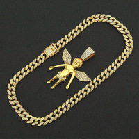 Collier Pendentif Bébé Ange Sertie de Zircons, Chaîne Cubaine Plaqué Or Entièrement Pavée de Zircons, Bijoux Hip Hop Bling pour Unisexe