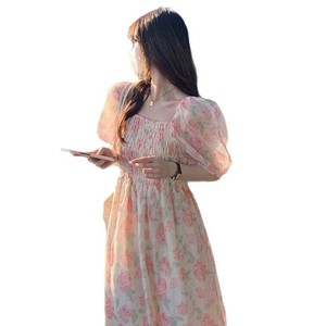 Floral Print Puff Sleeve <b>Dress</b> Sweetheart Neck <b>Elastic</b> Waist Pink Long Casual <b>Dress</b> Daily Wear Mori Girl Style - Product Image 4