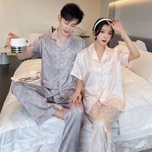 <span class=keywords><strong>Pigiama</strong></span> in seta da donna camicia da notte a manica corta in tinta unita Jacquard cartone animato abbigliamento da casa da <span class=keywords><strong>uomo</strong></span> in raso <span class=keywords><strong>taglie</strong></span> <span class=keywords><strong>forti</strong></span> indumenti da notte - Product Image 3