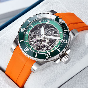 Custom Skeleton Diving <b>Watch</b> Men Automatic Mechanical 42mm Stainless Steel Case Orange <b>Rubber</b> Green Bezel Luminous waterproof - Product Image 2