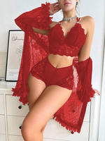 Ensemble de Lingerie 3 Pièces en Dentelle Transparente et Maille pour Adultes, Robe à Nouer, Caraco à Bretelles Fines et Short – Vêtements de Nuit pour Femmes – Vente en Gros