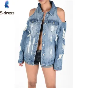 Hot selling independent station New ripped off-shoulder denim jacket mid-length denim trench coat for women