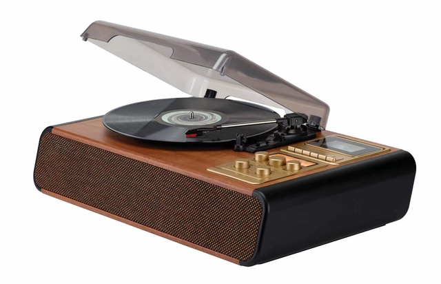 Stereo Turntable Cassette Player Recorder AM/FM Radio Record Function 1.2W2 Speaker AC Adapter 5.8x22.1x14.0 Inch Wood