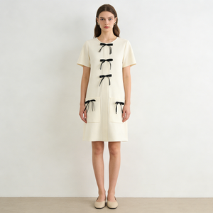 Abiti <span class=keywords><strong>Chic</strong></span> da <span class=keywords><strong>Donna</strong></span> con Collo Tondo, Maniche Corte, Decorazione a Fiocco, Tasche Applicate, Vestibilità Aderente, Lunghezza Mini, Abiti Casual - Product Image 3