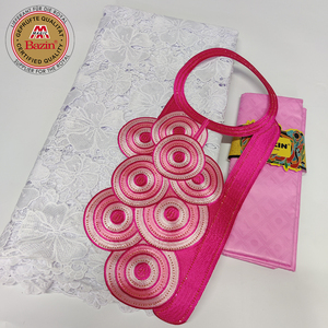 Tessuti africani di pizzo a secco di cotone con colletto per le donne abbigliamento da sposa fatto da te cucito Nigeria Mali puro latte <span class=keywords><strong>bianco</strong></span> lacci di seta - Product Image 4