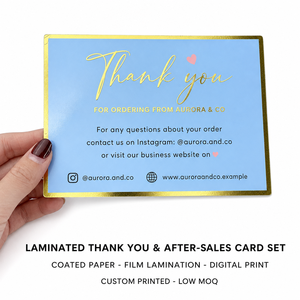 Ensemble de cartes personnalisées stratifiées de remerciement <span class=keywords><strong>et</strong></span> après-vente avec impression numérique sur papier couché, faible MOQ, cartes d'insertion pour boutique <span class=keywords><strong>en</strong></span> <span class=keywords><strong>ligne</strong></span> - Product Image 1