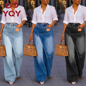 Pantalones <span class=keywords><strong>vaqueros</strong></span> de mezclilla de diseño irregular para <span class=keywords><strong>mujer</strong></span>, de pierna ancha, holgados, <span class=keywords><strong>rectos</strong></span>, transpirables, estilo cargo, para uso urbano - Product Image 1