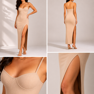 Vestido maxi ajustado de punto beige para mujer con abertura alta, escote corazón, tirantes finos y sin mangas, ideal para fiestas. - Product Image 2