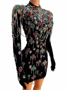 Vintage siyah kadife Rhinestones püskül düğün parti elbise bayanlar sahne dans kostümü kadınlar seksi Bodycon kulübü balo kıyafetleri - Product Image 3
