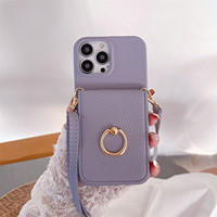 Casing selempang kulit PU iPhone, casing selempang kulit cermin Slot kartu, casing ponsel untuk iPhone XR 11 12 13 15 Plus Pro Max dengan tali bahu