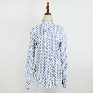 Latest top designs printed cotton ladies shirt with ruffles cuff and collar