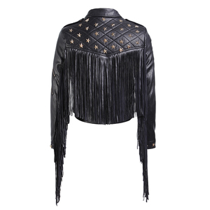 <strong>Star</strong> Studded Black Waterproof Moto Turn-Down Collar Short Rivets Button Ladies Wholesale Punk Zipper Tassel PU <strong>Jacket</strong> - Product Image 3