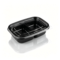 Conteneur alimentaire en plastique PET avec couvercle transparent, 2 compartiments, base noire, jetable, boîte à emporter empilable, qualité alimentaire, vente en gros
