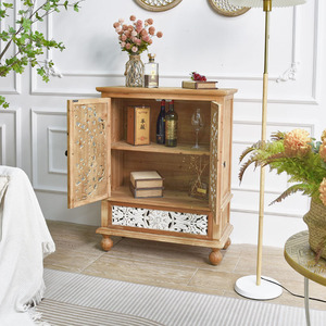 Home Furniture <b>Rustic</b> Solid Wood Carved Eco-friendly Farmhouse 2-Door Storage Sideboard Buffet <b>Cabinet</b> 1 Drawer Kitchen - Product Image 3