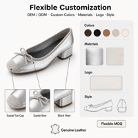 Chaussures habillées à enfiler pour femmes en cuir véritable, à bout carré, avec nœud, style ballerines, bout patchwork, talon carré bas, pour l'été