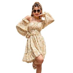 Long Sleeve Square Neck dresses women casual Lantern Sleeve <b>Lace</b> up mini dress Ruffle <b>Elastic</b> Waist A-line backless dress - Product Image 2