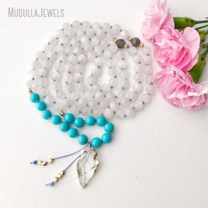 MN19802 Collar Mala de Cuentas de Piedra de Luna y Turquesa, 108 Cuentas, Clásico, de Sanación Natural, para Yoga y Meditación - Product Image 1