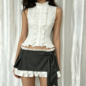 Ruffle Trim Pure & Sexy Waist Slimming Top Contrast Color Block Striped Skirt Two-Piece <b>Set</b> - Product Image 1