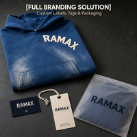 Sweat à capuche oversize en coton 100% RAMAX 460GSM, bleu uni, avec poches multiples et empiècements en chenille suédée aux coudes, style streetwear pour homme