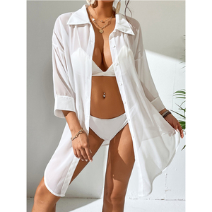 2024 moda Camiseta larga gasa blanca pareos botón Bikini cubrir señoras sólido traje <span class=keywords><strong>de</strong></span> <span class=keywords><strong>baño</strong></span> playa cubrir Ups para mujeres - Product Image 1