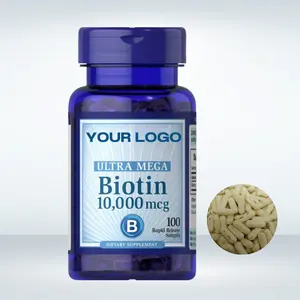 ที่กําหนดเอง OEM Biotin 10000mcg แคปซูลสําหรับการเจริญเติบโตของเส้นผมวิตามินดูแลผิวเล็บที่มีคาสซูลไบโอตินซอฟเจล