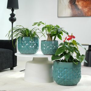 Pots de fleurs Mdj en céramique, 9, 11, 14 pouces, couleur turquoise, texture diamantée, trou de drainage, émaillés, pour usage domestique - Product Image 6
