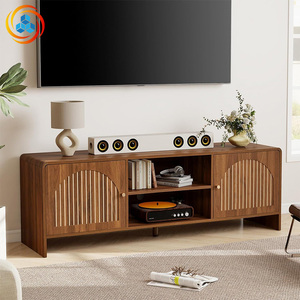 Meuble TV simple et moderne aux coins arrondis, console multimédia en panneaux de particules avec rangement et bords arrondis pour salon de style mid-century modern - Product Image 2