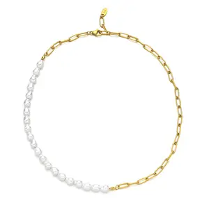 Moda jóias estilo clássico 14k banhado a ouro aço inoxidável cadeia meia cadeia meia pérola colar para as mulheres