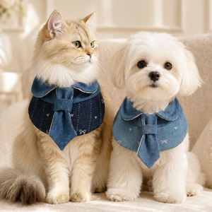 Bavoir pour animaux de compagnie style denim avec nœud papillon à pois et carreaux, ne se décolore pas, pour petits chiens et chats - Product Image 4