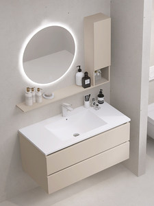 Meuble de salle de bain suspendu au mur avec lavabo intégré en céramique, style crème français moderne et minimaliste, miroir intelligent - Product Image 3