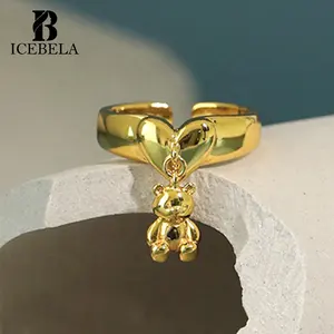 Personality Cute Unique Gifts Girl 18K Gold Plated Heart Shaped Mini Bear Doll Pendant S925 Silver Ring For Girls