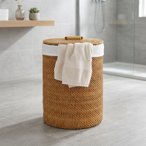 Rattan Folding Eco-Friendly <b>Laundry</b> Storage <b>Basket</b> <b>with</b> <b>Lid</b> and Handle Circle Shape Modern Style for Bedroom and Living Room - Product Image 3