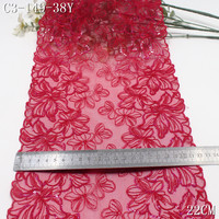 Bordure en dentelle brodée de fleurs rouges luxueuses de 31 cm avec des paillettes changeantes de couleur pour vêtements de haute qualité, accessoires de lingerie