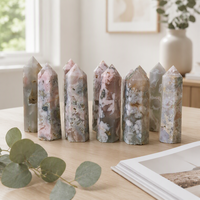 Tours d'agate mousse polies vertes, points de cristal porte-bonheur pour la guérison Reiki, pour la décoration artistique et la collection à domicile