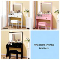 Ensemble de meubles de chambre à coucher blancs modernes avec miroir coulissant et grands tiroirs, table de maquillage éclairée par LED