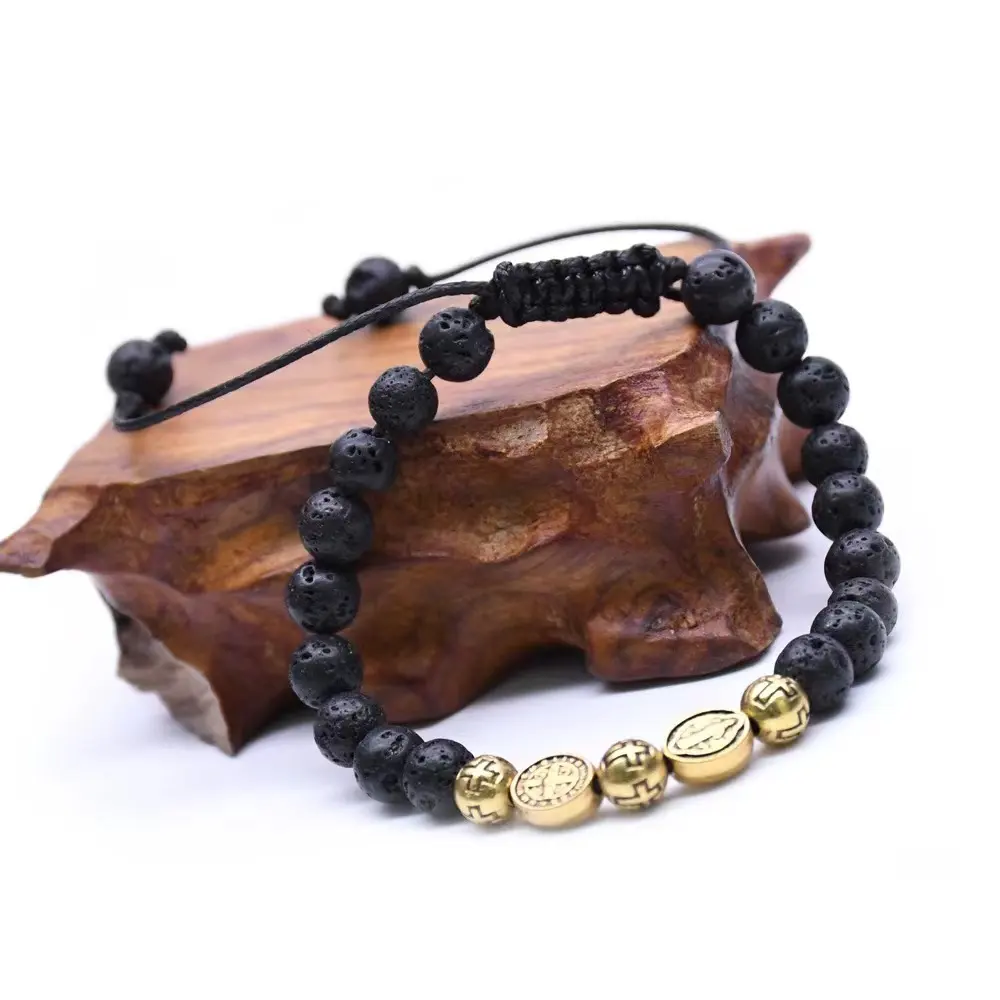Bracelet réglable en perles de Jésus en métal noir Volcano Rock Lucky Bead Lava Stone Cross