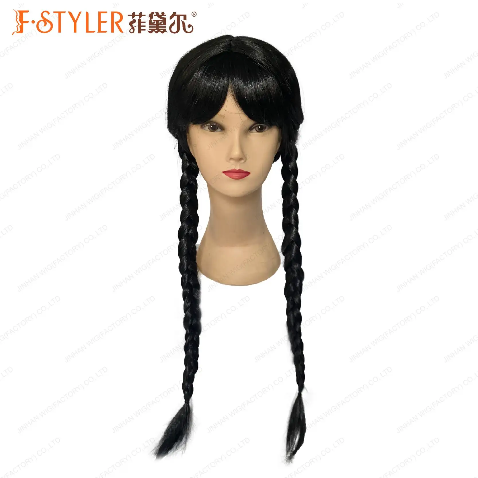 FSTYLER venta al por mayor pelo negro niño Halloween fiesta de noche miércoles Addams Cosplay peluca venta a granel pelucas de cosplay sintéticas