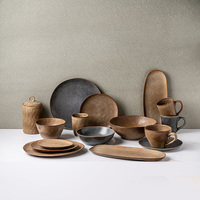 Services de table en grès artisanal 16 pièces, marron terreux, assiettes, bols, tasses, style européen, compatibles micro-ondes