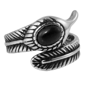 yunnique Feather Shape Black Stone <b>Ring</b> Steel Color Unisex Ethnic Style Fashion Jewelry Gift - Product Image 5