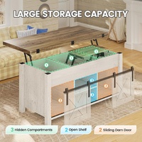 Table basse de style ferme moderne avec porte de grange, en bois bicolore et étagères de rangement dissimulées, grande capacité, pour salon