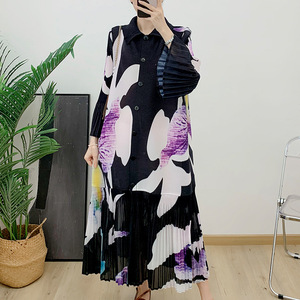 Designer Pleated <b>Cardigan</b> Dress Long Printed Flared Sleeves Long Sleeves Single Breasted Plus Size Dresses Women's Clothing - Product Image 2