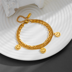 Pulseras y Brazaletes Finos al por Mayor, Acero Inoxidable 316L, Chapado en Oro PVD de 14k y 18k, Cadena de Mano con Cara Sonriente para Mujer - Product Image 1