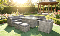 Ensemble de salon de jardin en rotin gris mélangé de qualité supérieure, résistant aux intempéries, 9 places, avec table de foyer au gaz intégrée