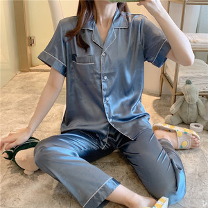 Soie deux pièces à manches courtes femmes soyeux pyjamas solide imprimé glace soie dames maison bureau décontracté <span class=keywords><strong>grande</strong></span> <span class=keywords><strong>taille</strong></span> 5XL Satin vêtements <span class=keywords><strong>de</strong></span> <span class=keywords><strong>nuit</strong></span> - Product Image 6