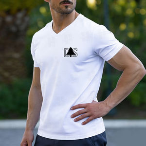 เสื้อยืดคอวีแขนสั้นทรงปกติผ้าฝ้ายคุณภาพสูงสำหรับผู้ชาย ผลิตโดยโรงงาน ขายส่ง รับออกแบบตามสั่ง ผ่านกระบวนการหดตัวแล้ว ทนทาน - Product Image 2